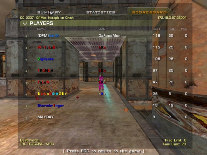OK, time for some fragging.  A number of servers where provided by the BYOC staff including this Quake 4 Instagib server. (qc071054.jpg, 800w x 600h )